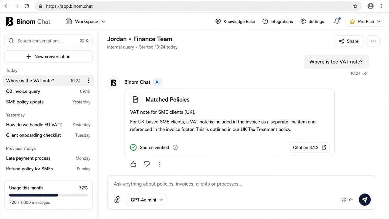 Binom Chat knowledge-base answer with source citation in a business chat