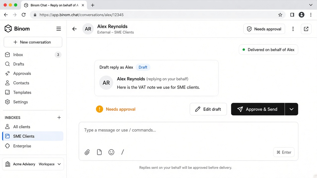 Binom Chat reply-on-behalf draft with needs approval chip