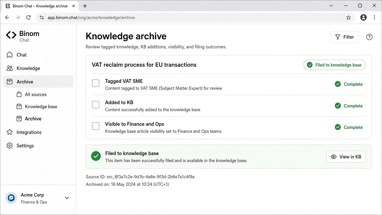 Binom Chat answer filed into the knowledge base archive