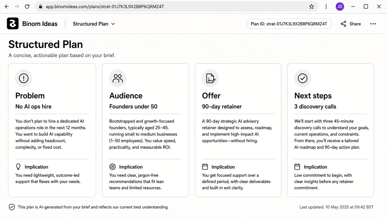 Binom Ideas structured plan with problem audience offer and next steps