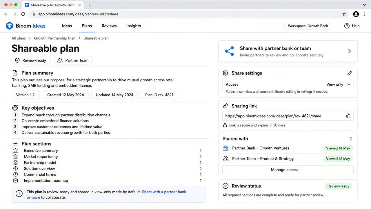 Binom Ideas shareable review-ready plan for partner bank or team
