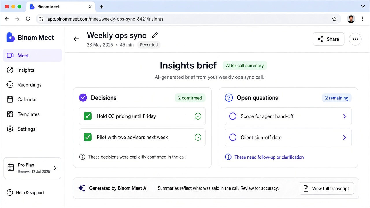 Binom Meet insights brief showing decisions and open questions after a call