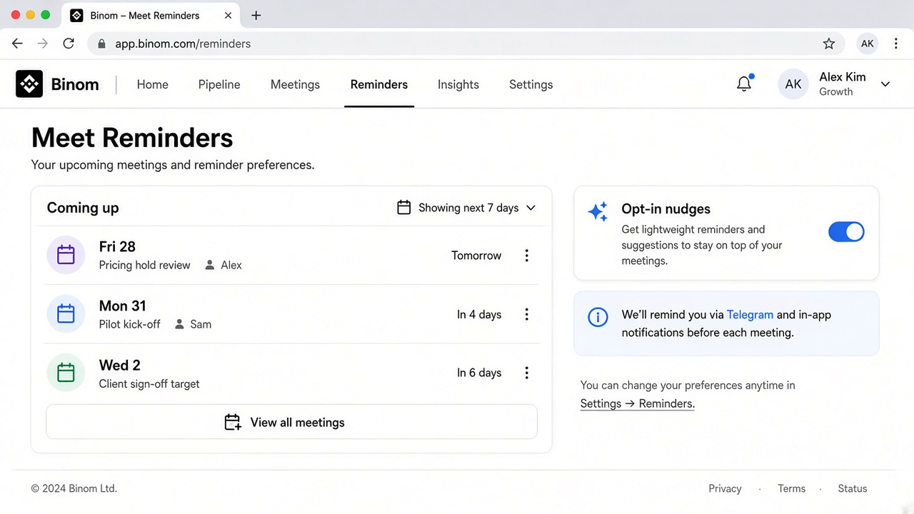 Binom Meet reminders for dates mentioned in the meeting